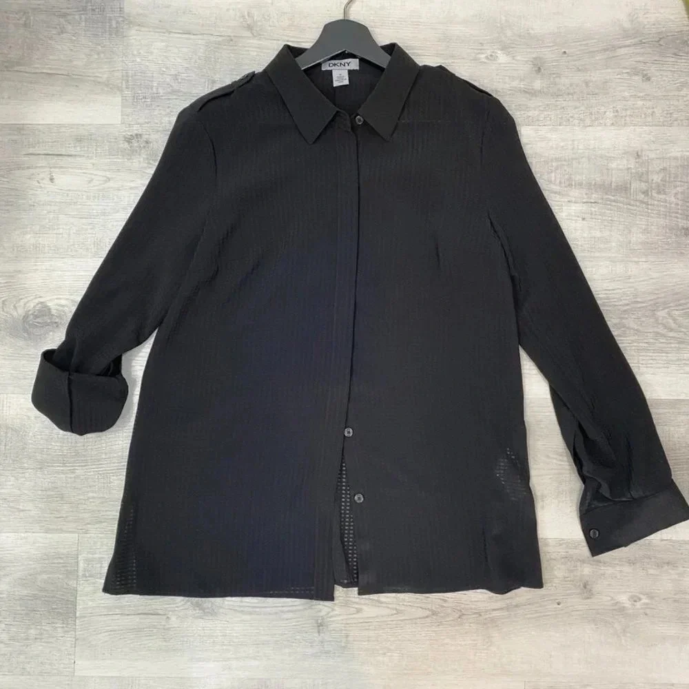 DKNY M Sheer Checkered Flowy Black Blouse with Collar Androgynous Sporty